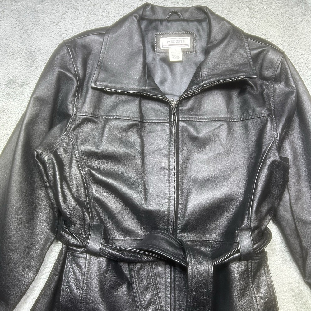 Vintage Passports Jacket Womens L Black Leather Biker Motorcycle Belted Mid Leng - Picture 5 of 11